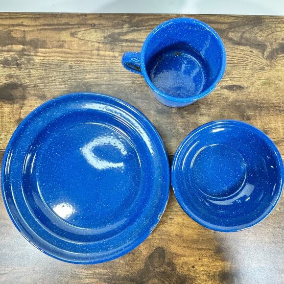 Enamel Ware Blue Speckled Metal Coffee Mug Cup Bowl Plate Cabin Camp Farmhouse - Picture 3 of 13